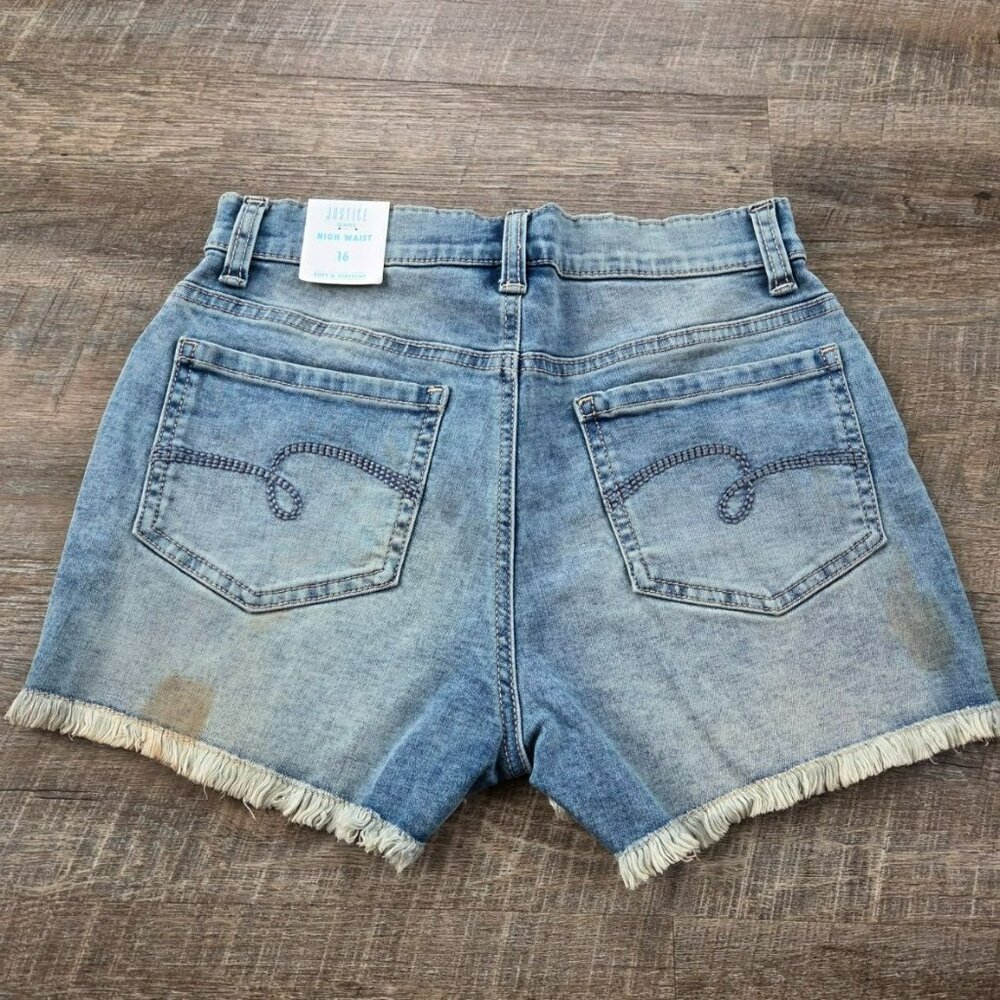 NWT Justice Size 16 girls' denim shorts w/red and blue stars and distress wear l - Picture 2 of 10
